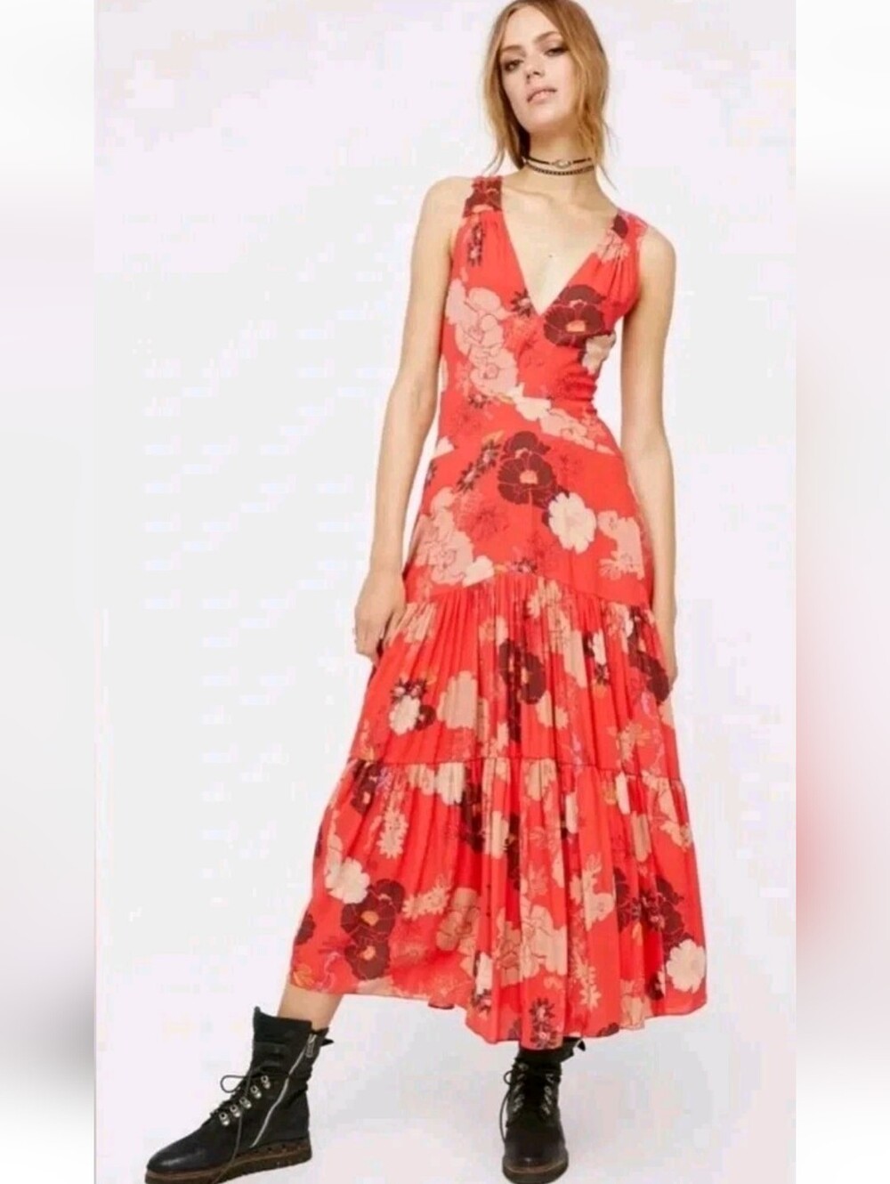 Free People Sure Thing Midi Maxi Dress Keyhole Red Lined Floral Sleeveless 6